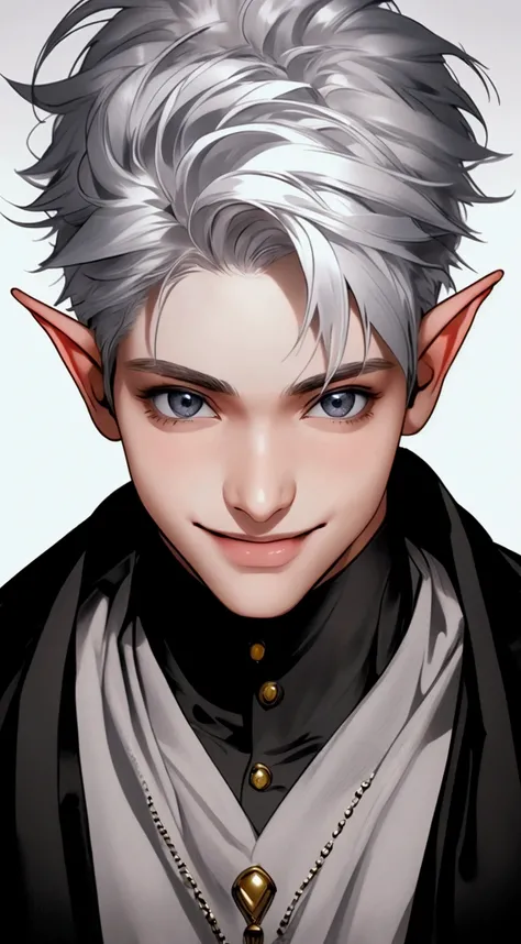 (masterpiece, very high quality photo, CGI effect, lighting effect, shading effect), a male elf, bright gray eyes, short platinum hair, (exclusive image of the characters face only), (a confident smile on his face , looking at the viewer)