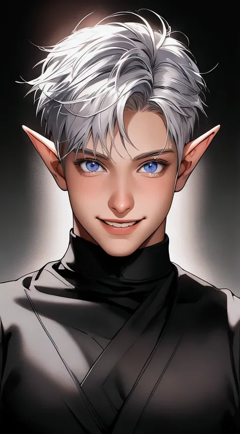 (masterpiece, very high quality photo, CGI effect, lighting effect, shading effect), a male elf, bright gray eyes, short platinum hair, (exclusive image of the characters face only), (a confident smile on his face , looking at the viewer)