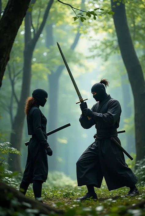 A female Ninja watching a Samurai fighting in the Forest he sees a penis 