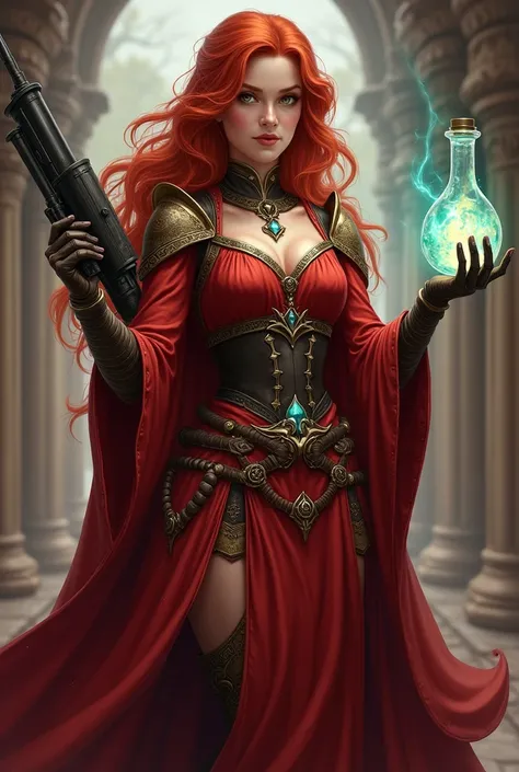 Draw a redheaded woman for a character in d&d being an artificer holding a plasma cannon in one hand and a potion in the other. Medieval princess clothes in red without sexualizing them
