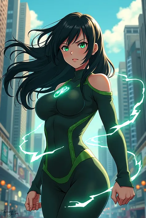 My hero academy character, Teenage Woman, long black hair, green eyes and thin, 