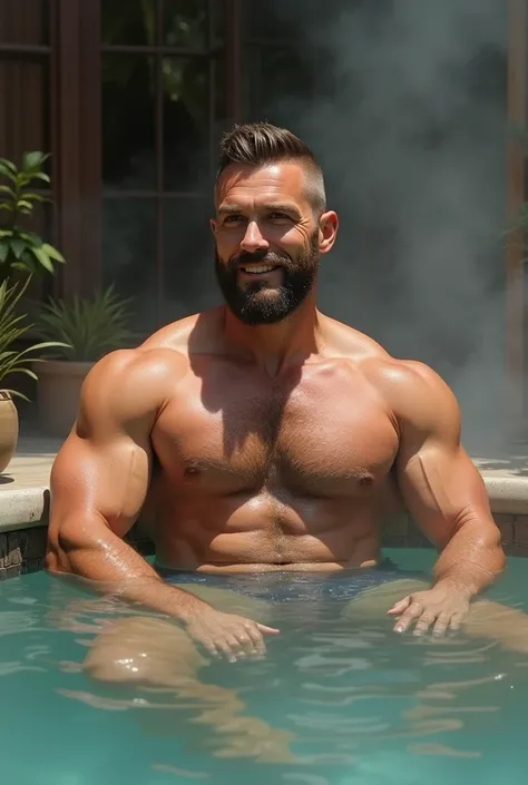 Highly detailed painting, handsome! Beard, short hair, small head, tall, outdoor hot spring, soaked in water!!! (Best quality, super details) Elegant! Fashion background!! HD, 8k, thin and tall! Muscular, chest hair, hairy chest muscles! Smirk, masterpiece...