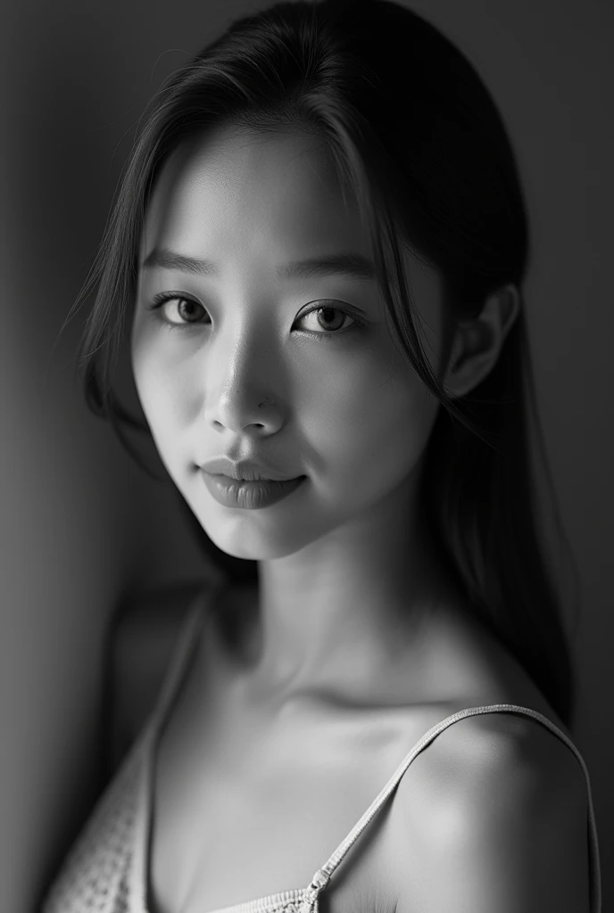 The photo is a black and white portrait of a young woman with dark, shoulder-length hair pulled straight back. She looks over her shoulder directly into the camera and has a subtle, gentle smile on his lips. Her expression is calm and confident. The lighti...