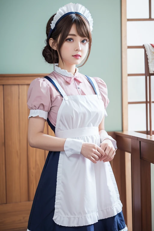 1girl, short brown hir, blue eyes, maid headdress, long maid outfit, soft pink lips, beautiful