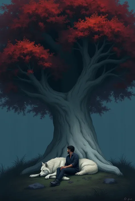 A man resting, next to his wolf, under a large, lush tree with a white trunk, and red leaves , during the dark and gloomy night.