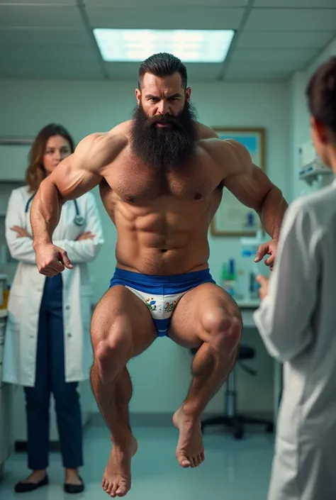 Strong hairy bearded man in underwear printed with the Nicaraguan flag, doing jumping jacks in front of a female doctor.