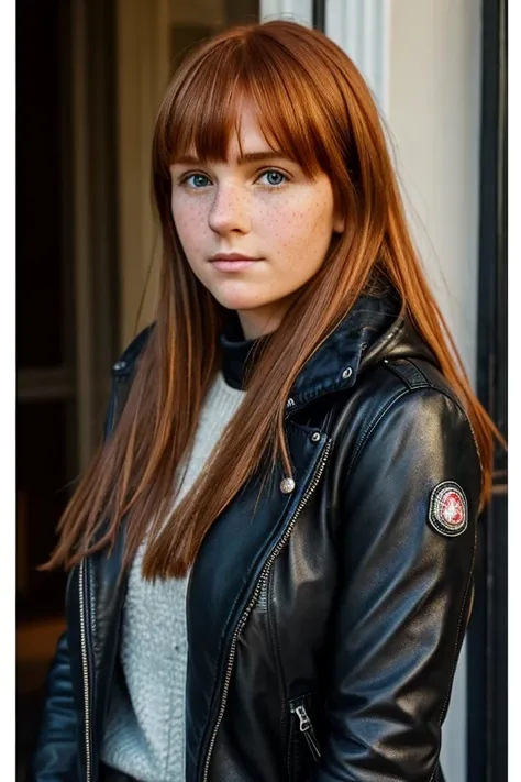 Medium view, of young aged, 16 year old, mom, gilf, milf, face portrait, chubby, long hair, freckles, long ginger hair, bangs, leather moncler jacket, in Dublin 