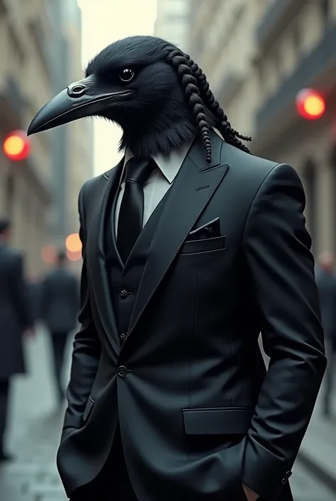 Humanoid crow in a suit with braided hair tied back