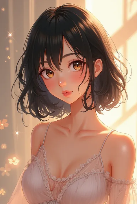 Brunette, hapel-eyed, medium-length black hair, cute-faced game anime girl with mature facial features and physique.