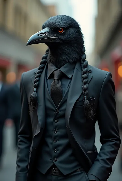 Humanoid crow in a suit with braided hair tied back