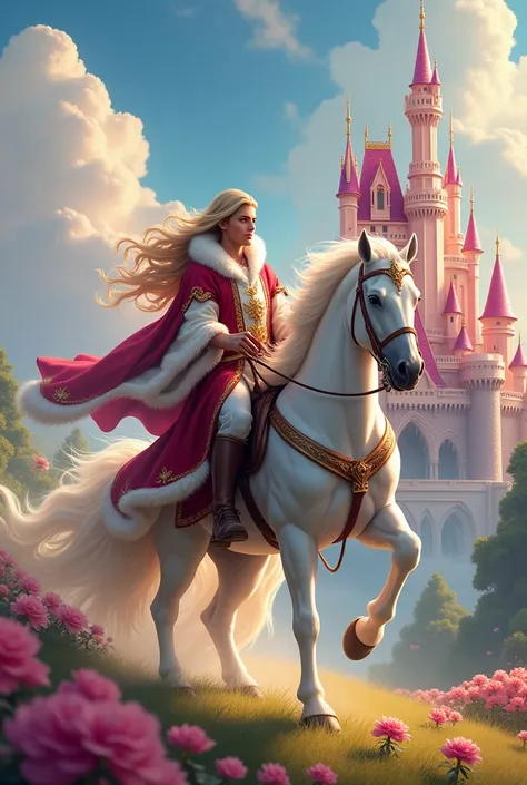 Perfect tall and handsome king with dark short hair ride white horse together with beautiful princess with so long blonde hair together behind them have big pink luxury castle from far away view 