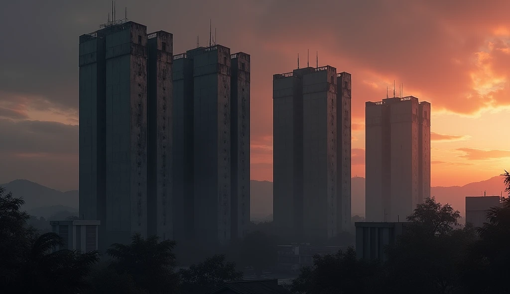 Create a realistic and gloomy image of the residential sisal towers located in Barquisimeto, venezuela, the background should be a twilight sunset 