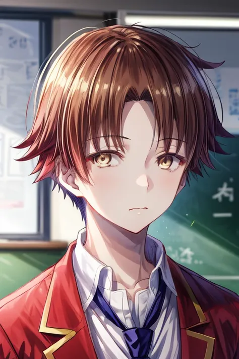 1boy kiyotaka ayanokoji, school uniform white shirt red jacket open jacket blue necktie, Staring at viewer, face close-up,Slanted mouth, In the evening,classroom, White eyes, face in shadow