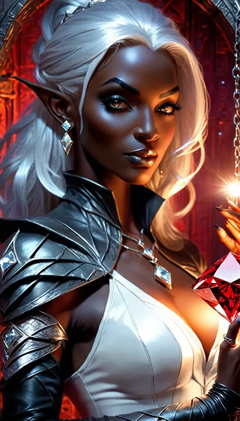 a fantasy epic illustration (Julie Bell style: 1.5)) of a drow elf thief holding a large diamond in a vault, a female drow  elf thief, (black skin: 1.5), black and color, full body, (small pointy ears), dynamic hair color, dynamic hair style,  ultra detail...