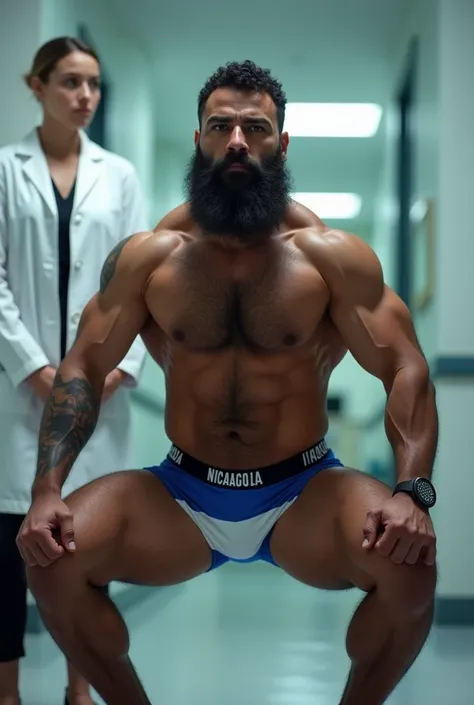 Strong, hairy, bearded mixed-race man in underwear with the Nicaraguan flag on it, doing squats in front of a female doctor.