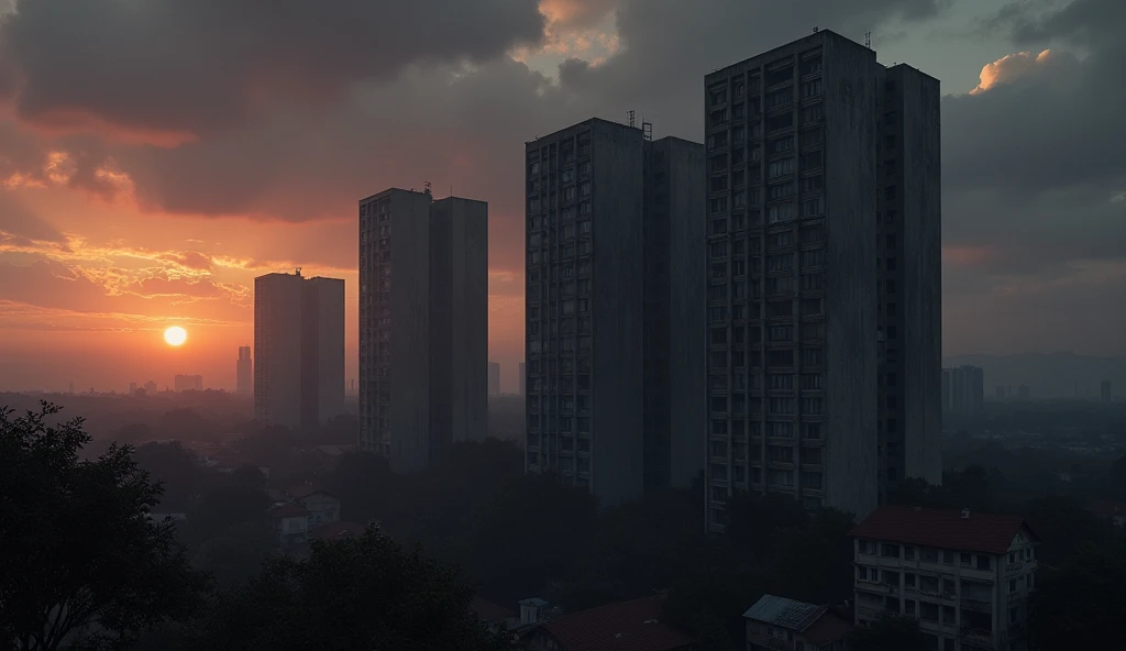 Create a realistic and gloomy image of the residential sisal towers located in Barquisimeto, venezuela, the background should be a twilight sunset 