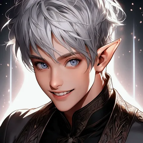 (masterpiece, very high quality photo, CGI effect, lighting effect, shading effect), a male elf, bright gray eyes, short platinum hair, (exclusive image of the characters face only), (a confident smile on his face , looking at the viewer)