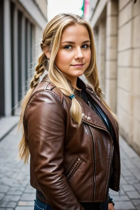 Medium view, of young aged, 16 year old, mom, gilf, milf, face portrait, chubby, long blond hair, braided hair, leather jacket, in berlin 