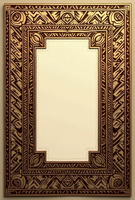 Internal design for a gourmet restaurant menu with pre-Hispanic aesthetics in Colombia where the frame is made from indigenous geometry and its main colors are gold and brown