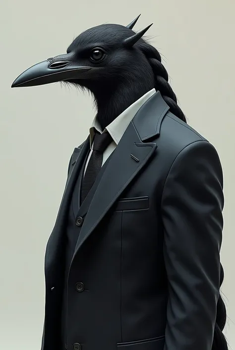 Humanoid crow in suit with braided ponytail hair