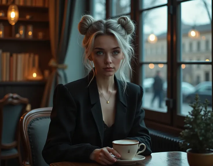 Beautiful girl with fair skin, 20 years, light gray hair gathered into two buns, Blue eyes, sits elegantly in a cozy coffee shop, coffee shop in dark tones, a coffee shop with soft chairs and cabinets with books and garlands,  Sits up straight, Look direct...