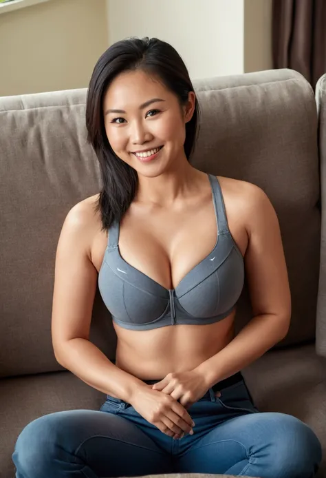 Beautiful athletic 30 year old asian female wearing low cut sports bra and jeans lying down on sofa in living room. Smiling. Toned arms. Large breasts