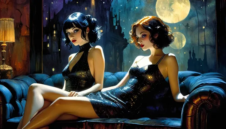 lesbianism, two sexy girls, sexy dress, on the couch in a living room overlooking a magical night with stars, affectionate (best quality, 4k, 8k, high resolution, masterpiece: 1.2), ultra-detailed, (realistic, photorealistic, photorealistic : 1.37), intric...