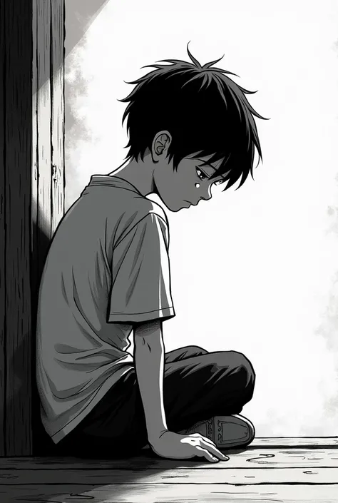 make a black and white manga art, about a lonely boy