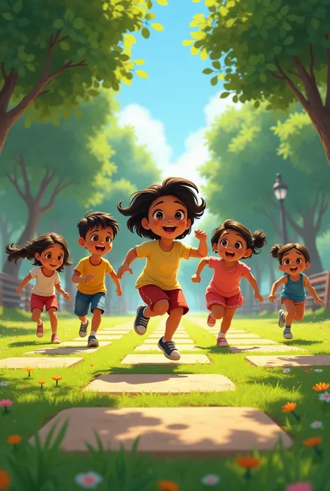 pixar animation illustration of group of kids from el salvador are playing the game "rayuela" in a park on a sunny day