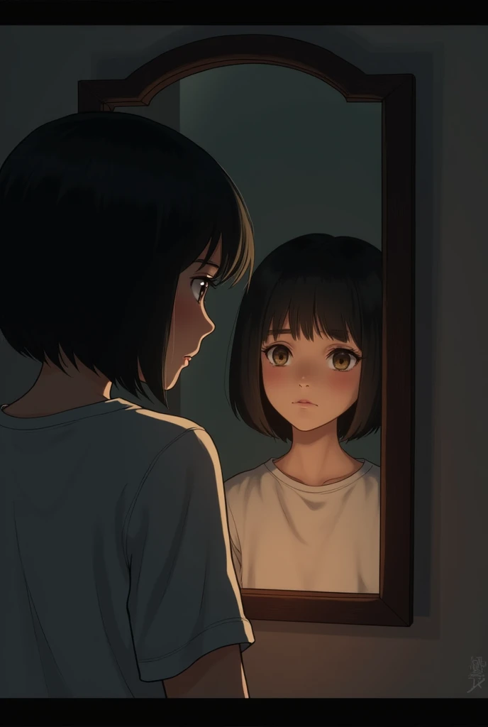 A short haired girl looking in the mirror sad