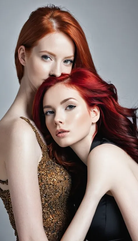 two beautiful women, one RED hair and one BLACK hair, White skin