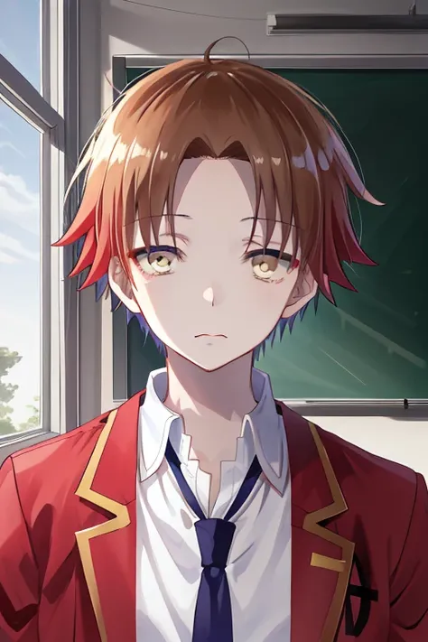 1boy kiyotaka ayanokoji, school uniform white shirt red jacket open jacket blue necktie, looking at viewer, Forehead to the viewer, face close-up,Slanted mouth, In the evening, classroom, White eyes, Pull your chin in, A dark shadow falls on the face