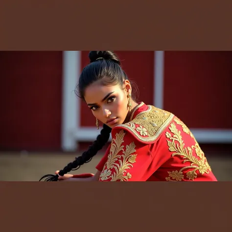 "A side profile of a brown-skinned woman with a long braid tied close to the nape, her head slightly tilted down towards her shoulder. She is dressed in a fitted, traditional bullfighter outfit adorned with intricate gold embroidery on vibrant red fabric. ...