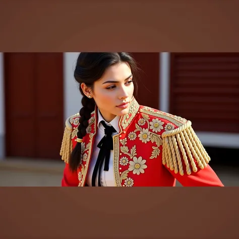 "A side profile of a brown-skinned woman with a long braid tied close to the nape, her head slightly tilted down towards her shoulder. She is dressed in a fitted, traditional bullfighter outfit adorned with intricate gold embroidery on vibrant red fabric. ...