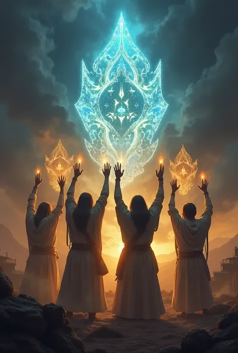 The 4 Guardians wielding the relics : A dramatic scene where the Guardians raise the sacred relics high, which begin to shine intensely, forming a protective barrier around the village, as darkness tries to invade them.