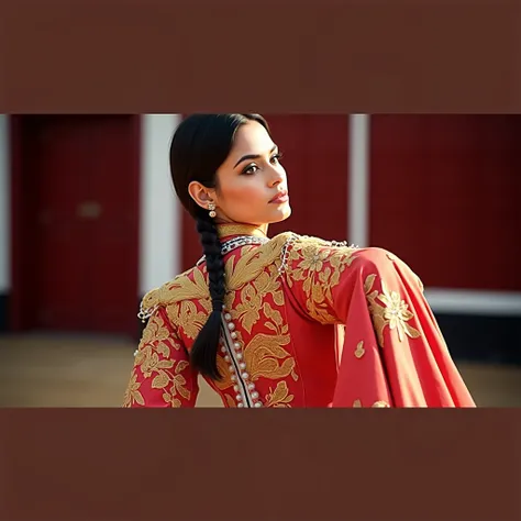 "A side profile of a brown-skinned woman with a long braid tied close to the nape, her head slightly tilted down towards her shoulder. She is dressed in a fitted, traditional bullfighter outfit adorned with intricate gold embroidery on vibrant red fabric. ...