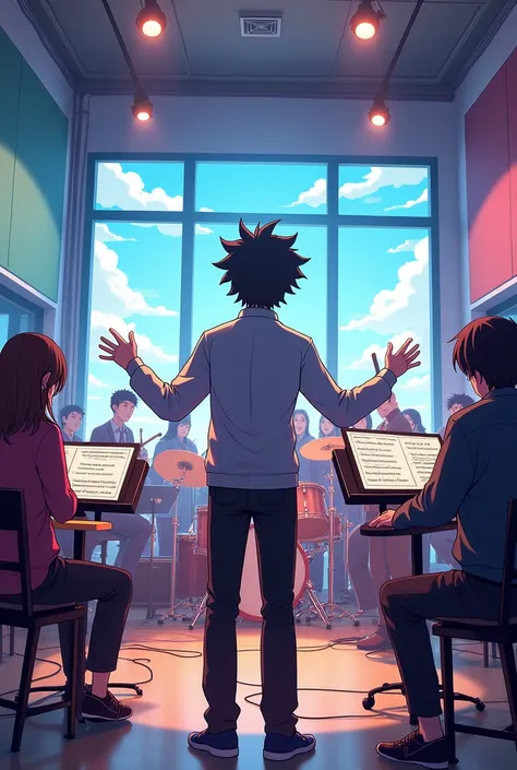 A panoramic view of a music rehearsal room with a person directing anime
