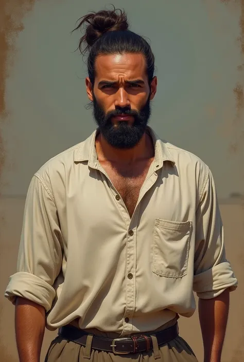 A young Arab man with beard in simple farmer&#39;s outfit, wearing hair in a bun 