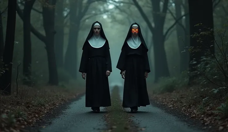 Create a realistic and dark image of two nuns walking along the curve of a wooded avenue, Nuns must have fire in their eyes