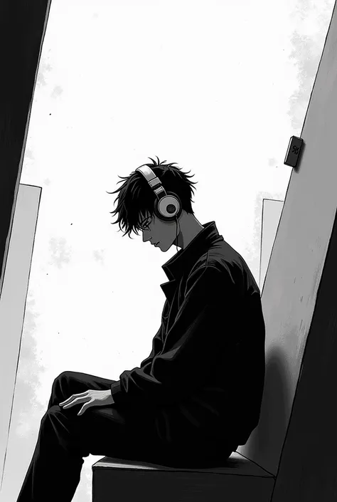 make a black and white manga art, about a lonely 19 year old boy, listening to music