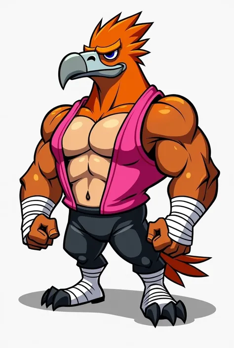 Cartoon hawk dressed like WWE wrestler Jim the anvil neidhart.  Cartoon hawk head. Cartoon hawk body. Cartoon hawk hands
 Orange buzzcut hair. Orange  beard. That comes down into a point . White wrist tape. Pink singlet. Black pants. White wrestling boots