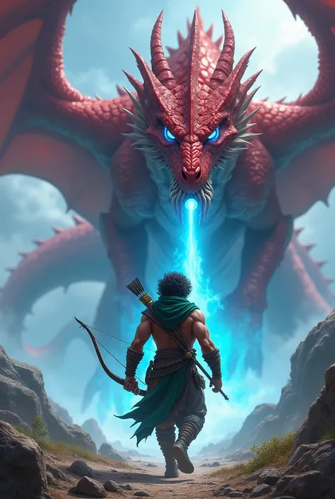 warrior man with bow and arrow with curly black hair and emerald necklace going towards a red dragon spitting blue flames