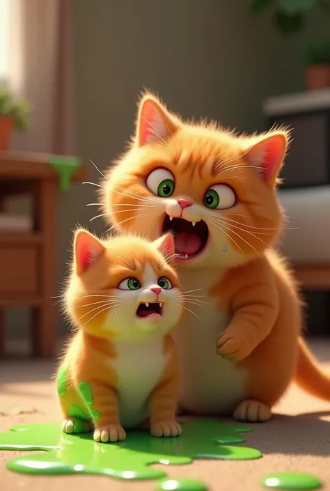 A orange realistic chubby kitten. The green slime from earlier is now partially covering the kitten legs . The orange realistic chubby mother cat very angry and shouting on her, amused by the kitten’s scared and crying tears seen visible. The scene is ligh...