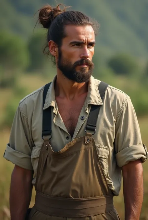 A young white Brazilian man with a beard wearing a simple farmer&#39;s outfit, wearing hair in a bun 