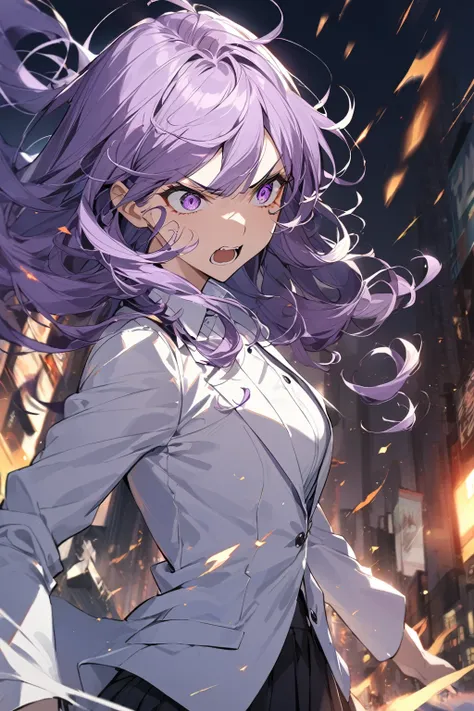 1 girl , purple curly hair , purple eyes,  upper body, wearing white suits,white shirt,black pleated skirt,furious,furious,city background,