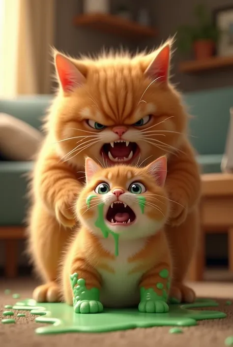 A orange realistic chubby kitten. The green slime from earlier is now partially covering the kitten legs . The orange realistic chubby mother cat very angry and shouting on her, amused by the kitten’s scared and crying tears seen visible. The scene is ligh...