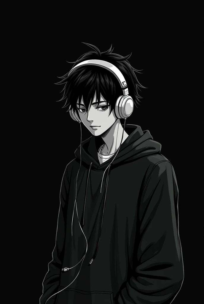 make a black and white manga art, about a lonely 19 year old boy, listening to music. with black background