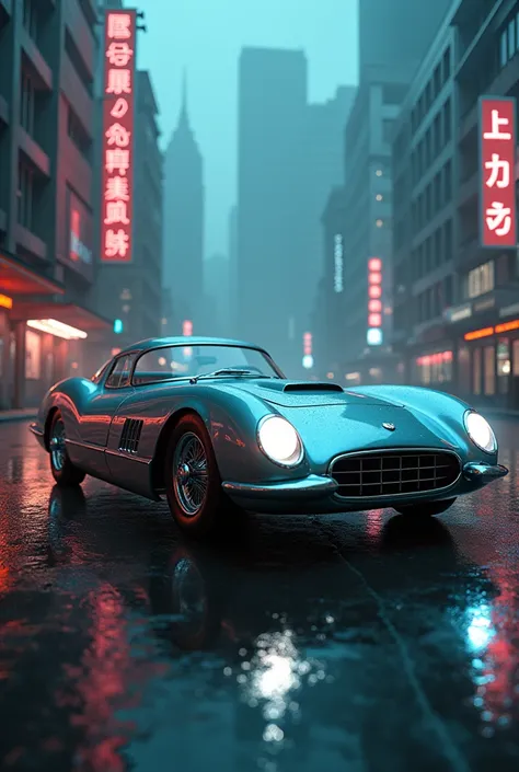 A vintage car with round neon lights and cloudy weather and wet surface nd cyberpunk themed city