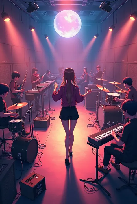 A panoramic view of a music rehearsal room with a band playing and a voluptuous girl directing anime
