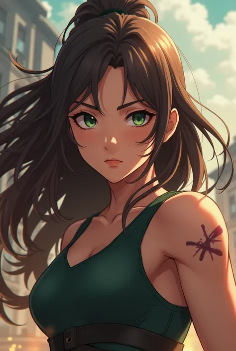 Female teenager, ,dark green eyes, fighter, Anime long brown wavy hair,and with a scar on his cheek 